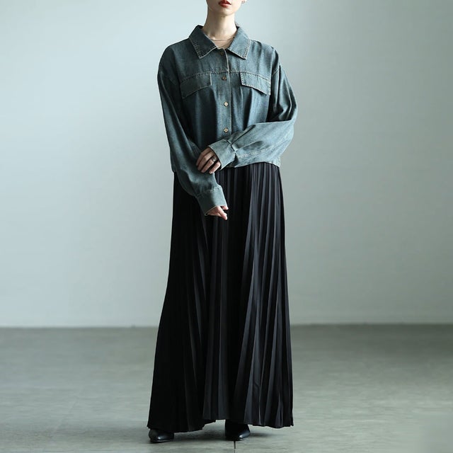 デニムドッキングプリーツワンピース （ブラック）