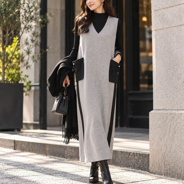 サイドライン×立体ポケットニットワンピース （グレー）