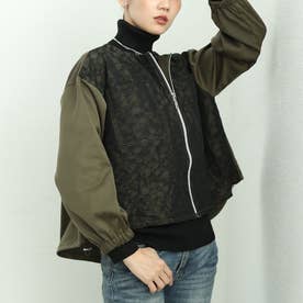 異素材ノーカラーフレアブルゾン （カーキ）