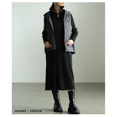 サワアラモード Sawa a la mode ドット刺繍キルティング中綿フードベスト （チャコール）｜詳細画像