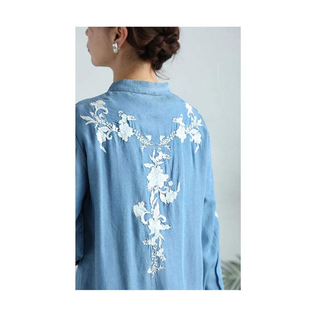 サワアラモード Sawa a la mode 純白の花刺繍デニムシャツチュニック 