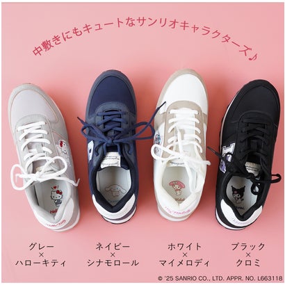 サンリオキャラクターズ スニーカー ハローキティ マイメロディ シナモロール クロミ ポムポムプリン スニーカー 靴 レディース 黒 抗菌防臭 sanrio （イエロー）｜詳細画像