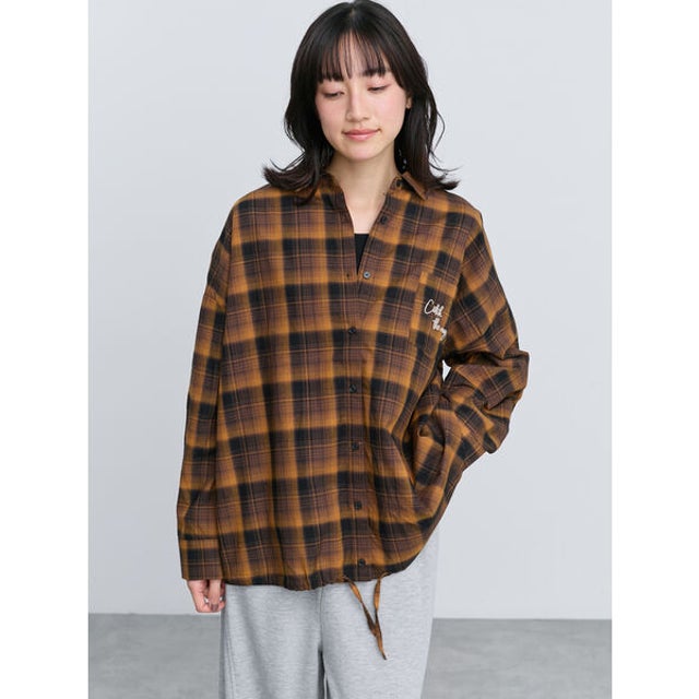 裾ドロストチェックシャツ （マスタード）