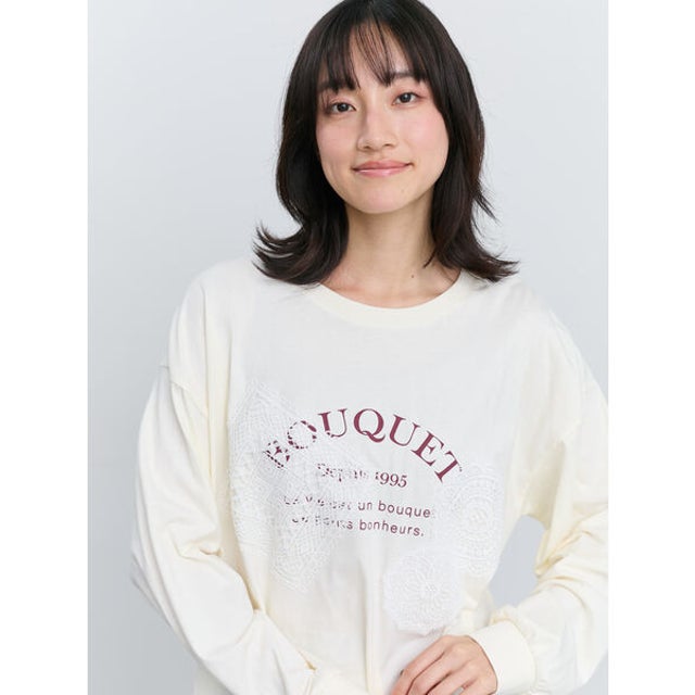 レース付きロゴプリントロングTシャツ （クリーム）