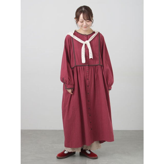 【販路限定】配色パイピングワンピース （ボルドー）