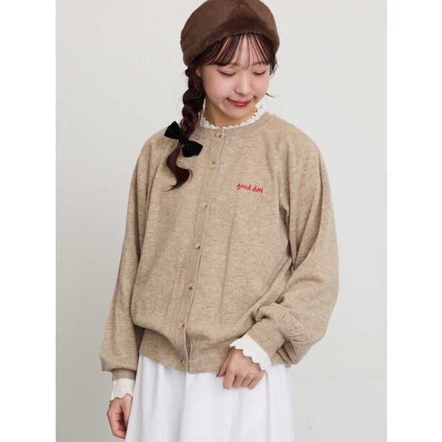 ワンポイント刺繍パフ袖カーデイガン （ベージュ）