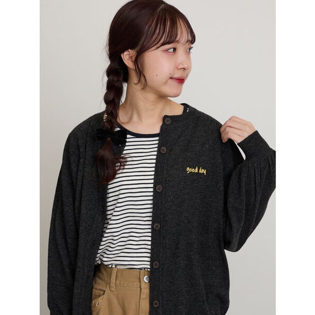 ワンポイント刺繍パフ袖カーデイガン （チャコールグレー）