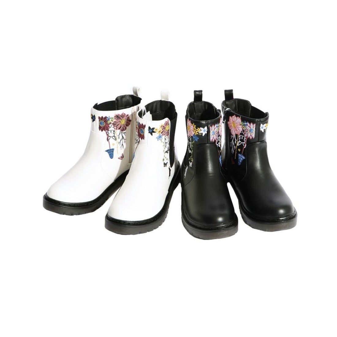 スカラー ScoLar 花とネコの刺繍サイドゴアブーツ （ブラック） -靴