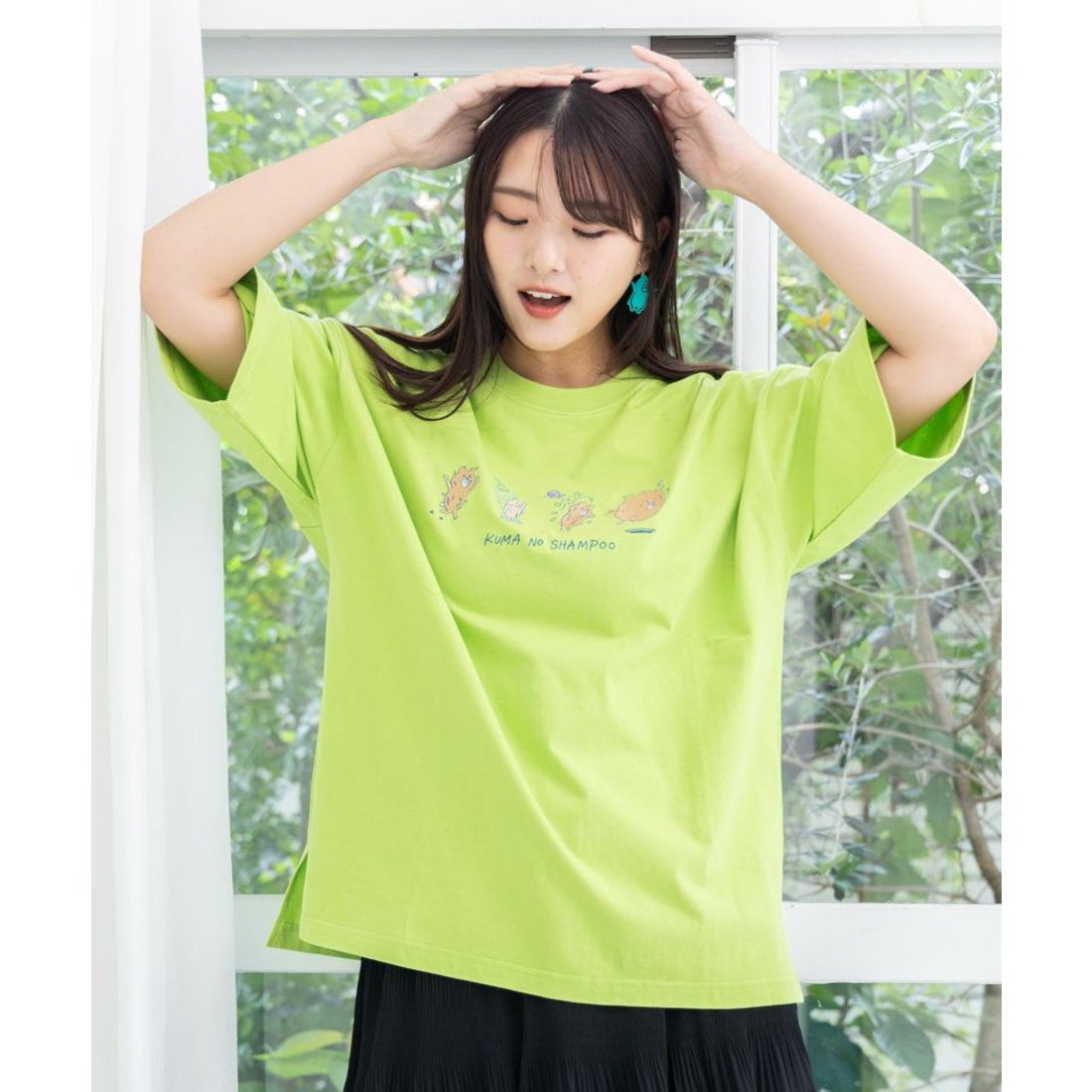 スカラー ScoLar クマシャン刺繍Tシャツ （グリーン） -ファッション 
