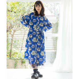 スカラー ScoLar ティーカップ柄 総柄前開きワンピース （ブルー