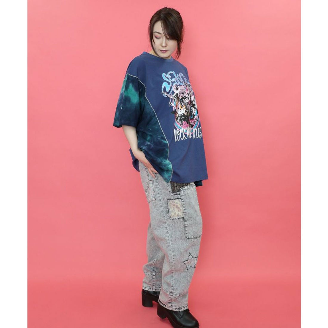 スカラー ScoLar ロックなキャッツ柄 ムラ染め切替BIG-T （ネイビー