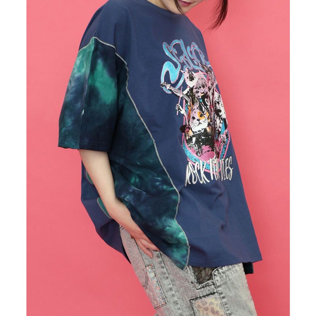 スカラー ScoLar ロックなキャッツ柄 ムラ染め切替BIG-T （ネイビー