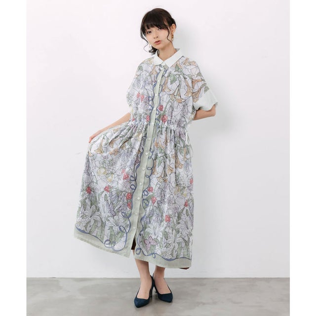 Praxis ayati scolar ワンピース エス エッセンシャルズ S ESSENTIALS AIKO FUKUDAコラボ FIKAプリントワンピース ベージュ