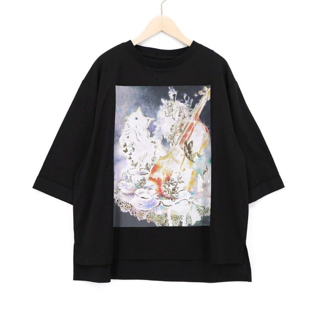 ネコと音楽のお茶会 箔プリント入りTシャツ （ブラック）