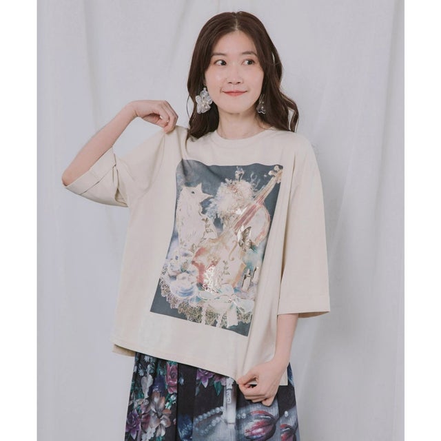ネコと音楽のお茶会 箔プリント入りTシャツ （アイボリー）