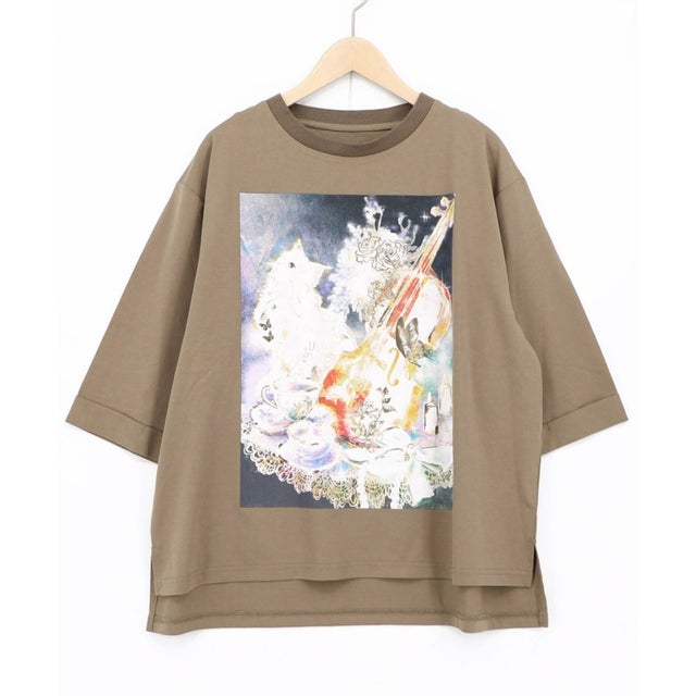ネコと音楽のお茶会 箔プリント入りTシャツ （ブラウン）