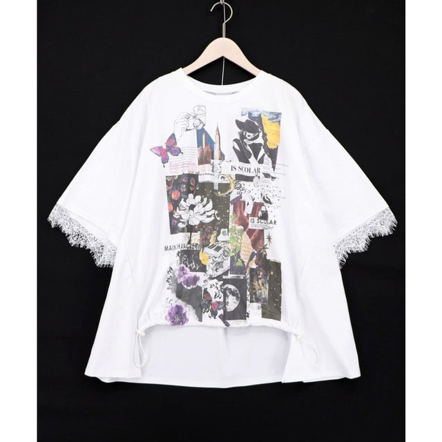 アートコラージュ柄 天竺×レースTシャツ （オフホワイト）