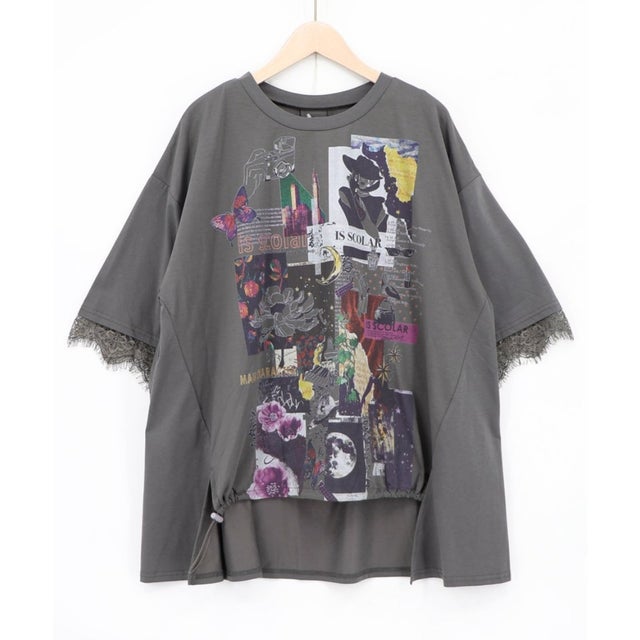 アートコラージュ柄 天竺×レースTシャツ （チャコールグレー）