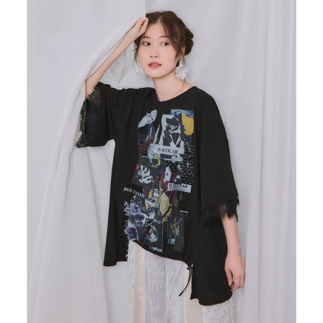 アートコラージュ柄 天竺×レースTシャツ （ブラック）