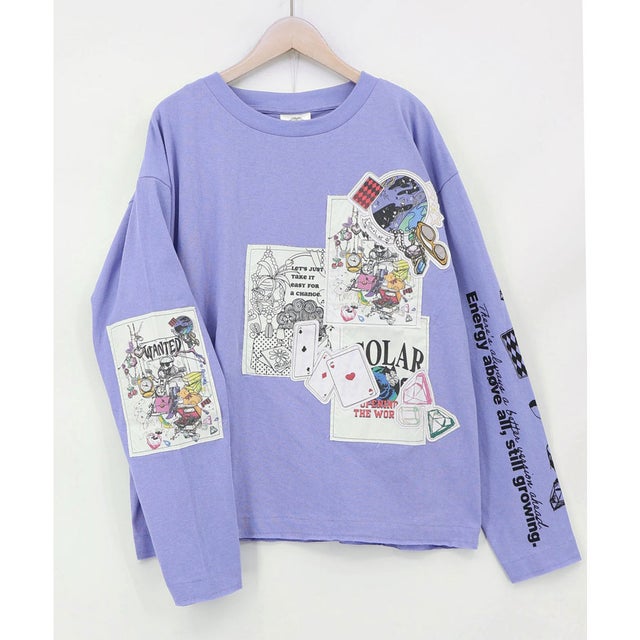 ワッペン風アップリケ刺繍Tシャツ （パープル）
