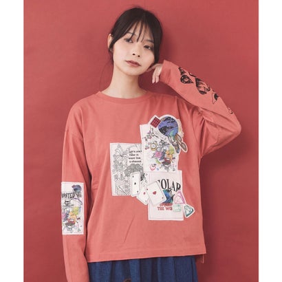 ワッペン風アップリケ刺繍Tシャツ （ピンク）｜詳細画像