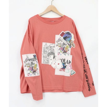 ワッペン風アップリケ刺繍Tシャツ （ピンク）｜詳細画像