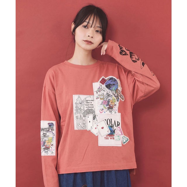ワッペン風アップリケ刺繍Tシャツ （ピンク）