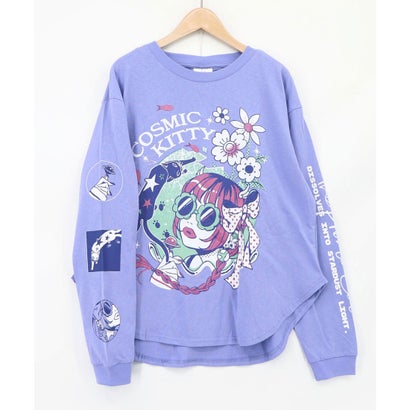 惑星ガールと宇宙ネコ柄Tシャツ （パープル）｜詳細画像