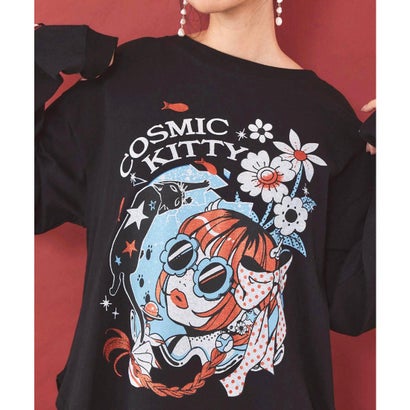 惑星ガールと宇宙ネコ柄Tシャツ （ブラック）｜詳細画像