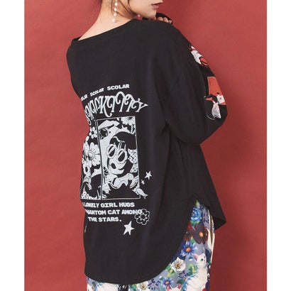 惑星ガールと宇宙ネコ柄Tシャツ （ブラック）｜詳細画像