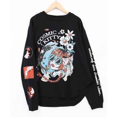 惑星ガールと宇宙ネコ柄Tシャツ （ブラック）｜詳細画像