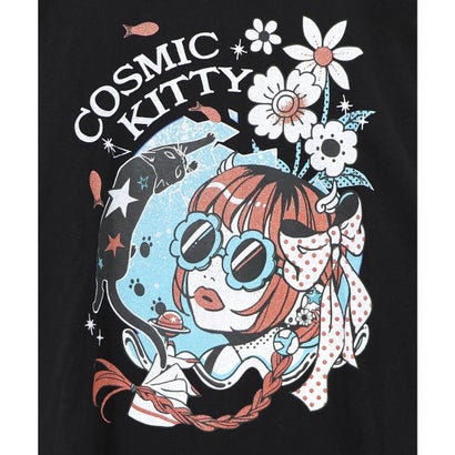 惑星ガールと宇宙ネコ柄Tシャツ （ブラック）｜詳細画像