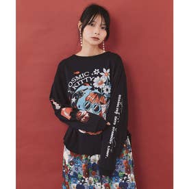 惑星ガールと宇宙ネコ柄Tシャツ （ブラック）