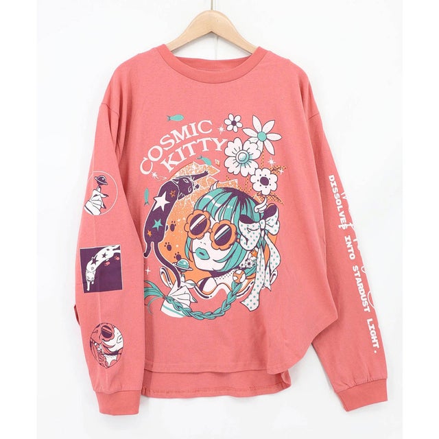 惑星ガールと宇宙ネコ柄Tシャツ （ピンク）