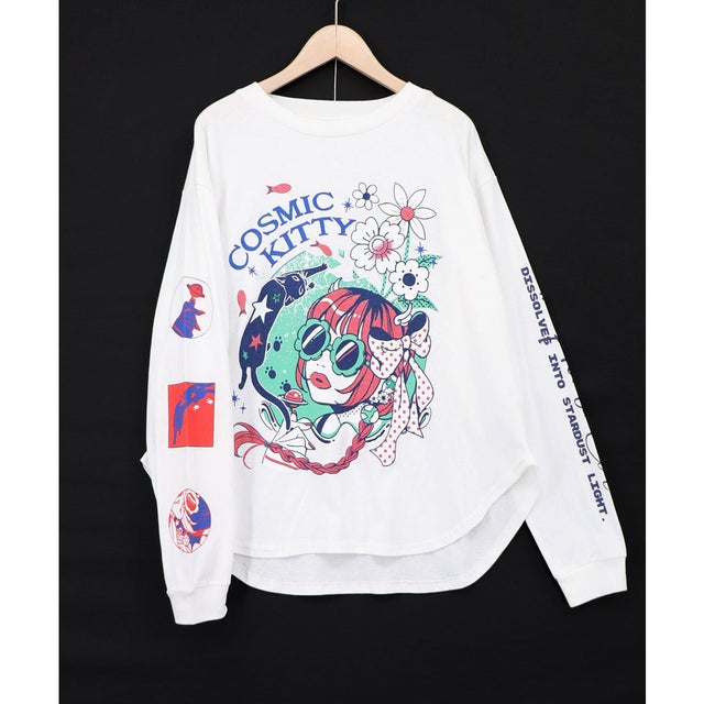 惑星ガールと宇宙ネコ柄Tシャツ （オフホワイト）