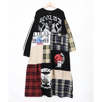 ロゴ×チェック パッチワーク風アシメワンピース商品番号 163701 （ブラック）｜詳細画像