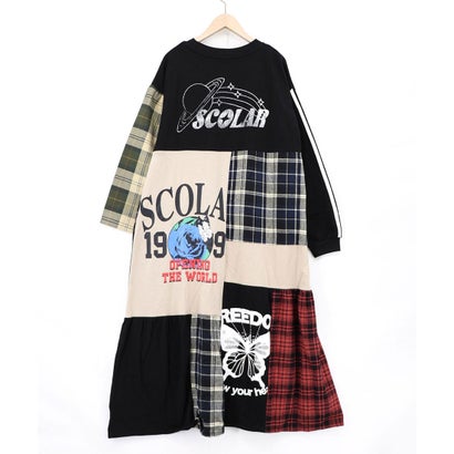 ロゴ×チェック パッチワーク風アシメワンピース商品番号 163701 （ブラック）｜詳細画像