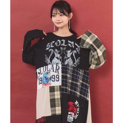 ロゴ×チェック パッチワーク風アシメワンピース商品番号 163701 （ブラック）｜詳細画像
