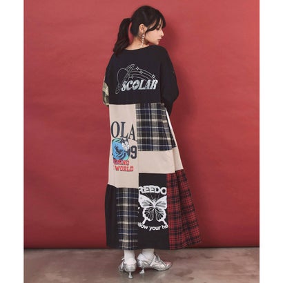 ロゴ×チェック パッチワーク風アシメワンピース商品番号 163701 （ブラック）｜詳細画像
