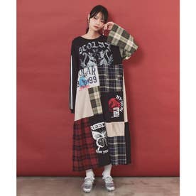ロゴ×チェック パッチワーク風アシメワンピース商品番号 163701 （ブラック）
