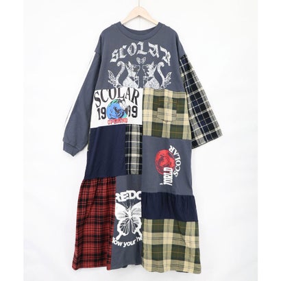 スカラー ScoLar ロゴ×チェック パッチワーク風アシメワンピース商品番号 163701 （ネイビー）｜詳細画像