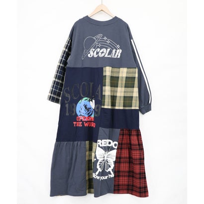 スカラー ScoLar ロゴ×チェック パッチワーク風アシメワンピース商品番号 163701 （ネイビー）｜詳細画像