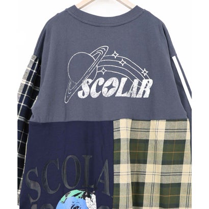 スカラー ScoLar ロゴ×チェック パッチワーク風アシメワンピース商品番号 163701 （ネイビー）｜詳細画像