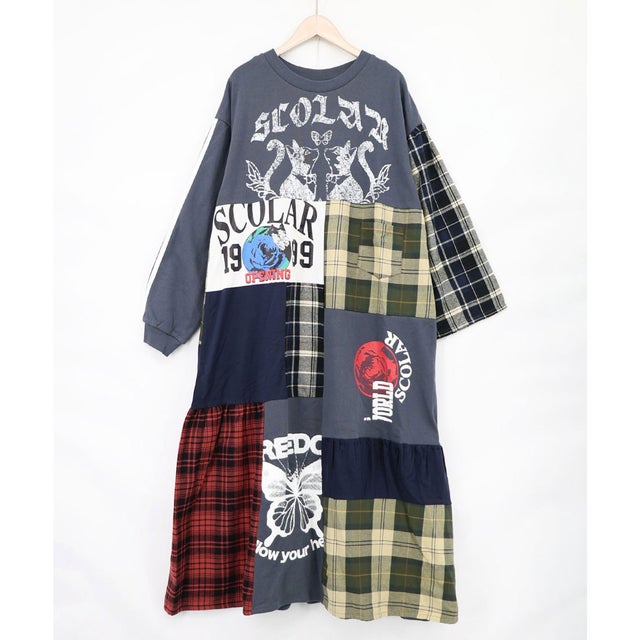ロゴ×チェック パッチワーク風アシメワンピース商品番号 163701 （ネイビー）