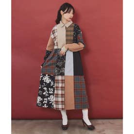 異素材パッチワーク切替 シャツワンピース （ブラウン）