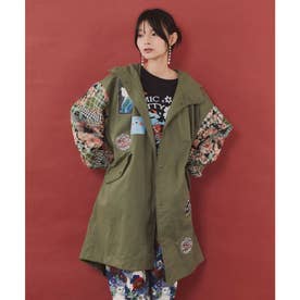 ゴブラン切替 アップリケ刺繍コート （カーキ）