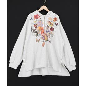 花蝶コラージュ柄 ハーフジップフード付きプルオーバー （オートミール）