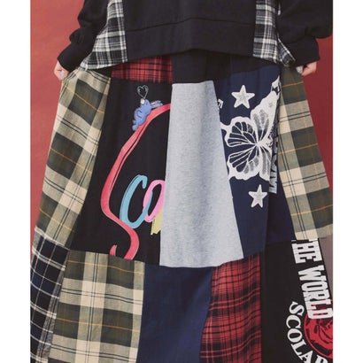 スカラー ScoLar チェック×柄 異素材パッチワーク切替スカート （ブラウン）｜詳細画像