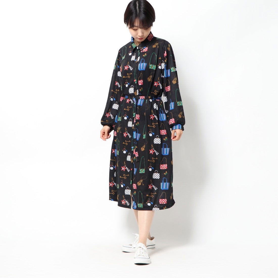 スカラー ScoLar BAG柄シャツワンピース （ブラック） -靴 
