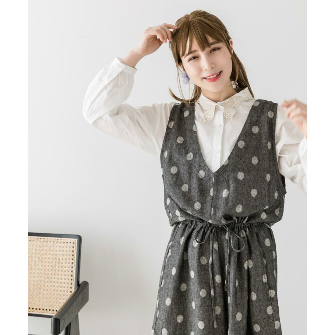スカラー ScoLar 綿麻ドットジャガード刺繍サロペット （ブラック 